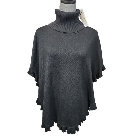 Joseph A Sweater Cape Black Ribbed Turtleneck Scalloped Pullover Womens Small - Picture 10 of 10